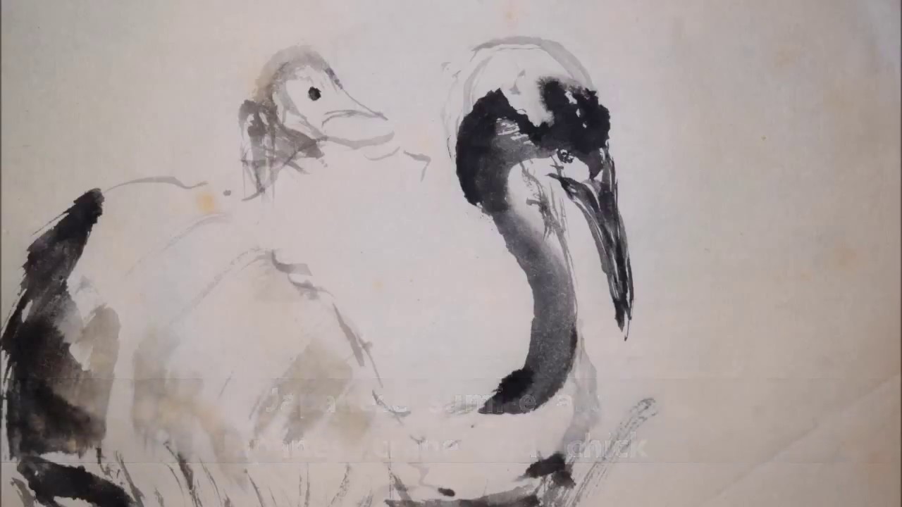 Japanese crane & chick  (Japanese  sumi-e  art )