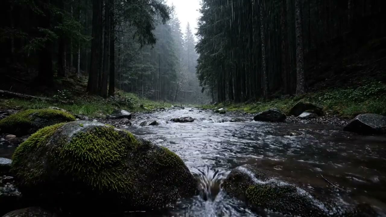Peaceful Forest Stream Rain Ambience for Deep Sleep, Relaxing Nature Sounds in Dark Pine Woods