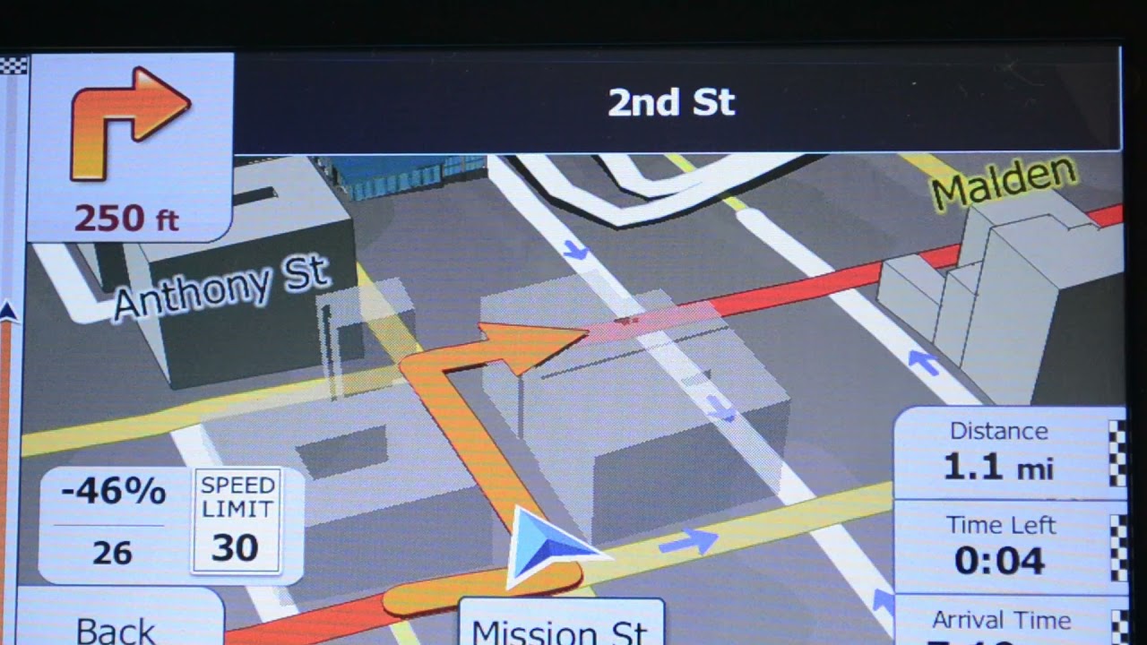 Demo on iGO Primo GPS map software in the San Fransico, USA, 3D view, TTS voice, windows ce version.