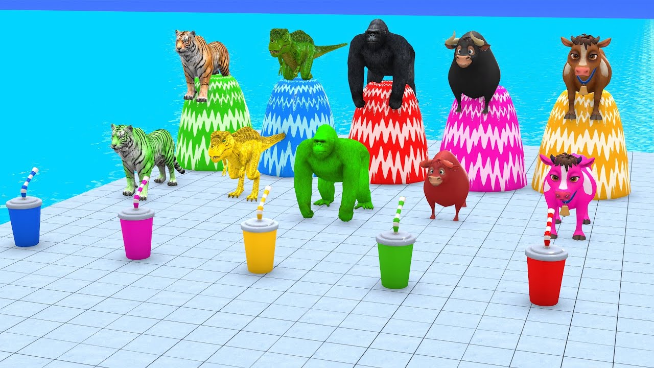 Long Slide Game With Elephant Gorilla Buffalo Hippopotamus Tiger 3d Animal Funny Game, Paint Animals