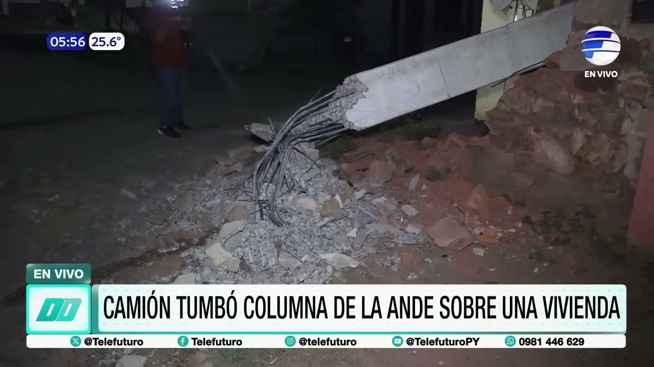 Camión choca contra columna de ANDE y esta cae sobre vivienda
