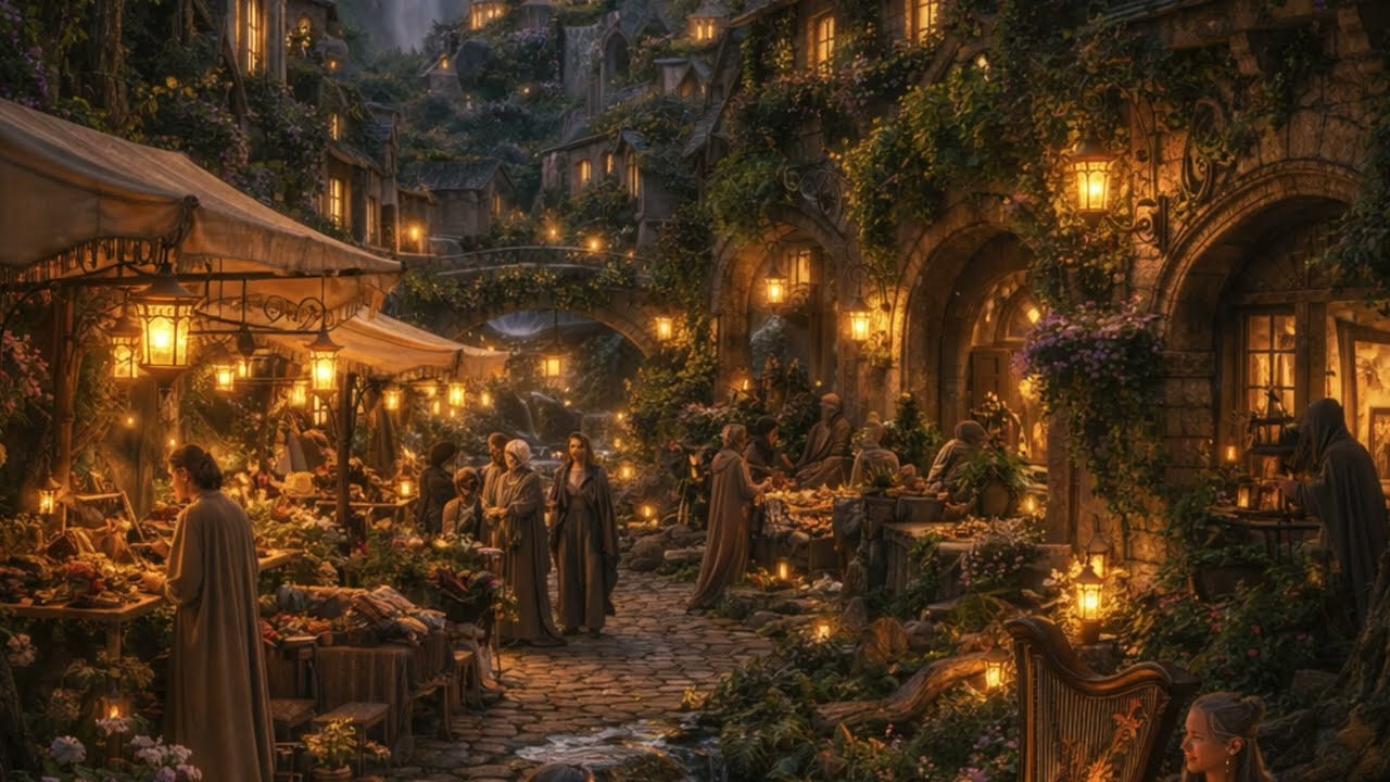 Quiet Elven Night Market 🌙 Calm Fantasy Ambience for Sleep & Relaxation (No Vocals, 1 Hour)