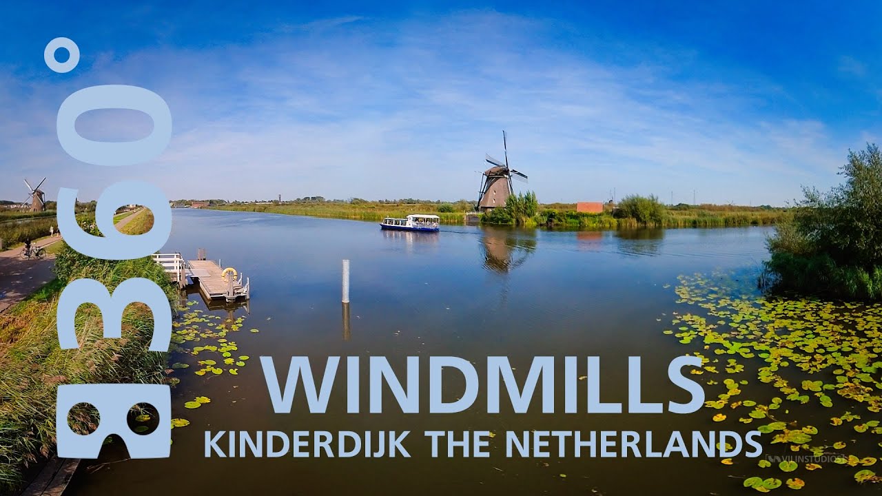 360&deg; VR - Old Dutch Windmills on a sunny day at Kinderdijk The Netherlands - VILIN360