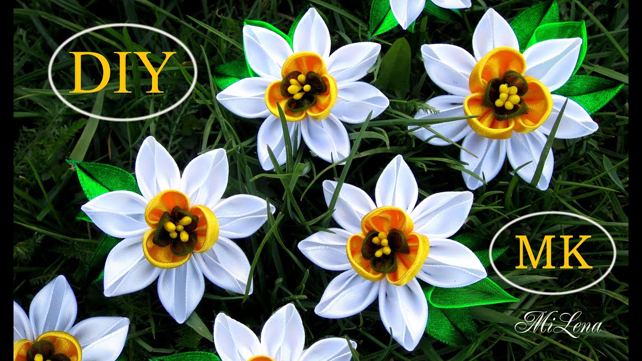 Нарциссы из ленты, МК / DIY Kanzashi Daffodils tutorial / Простые канзаши / Satin Daffodils