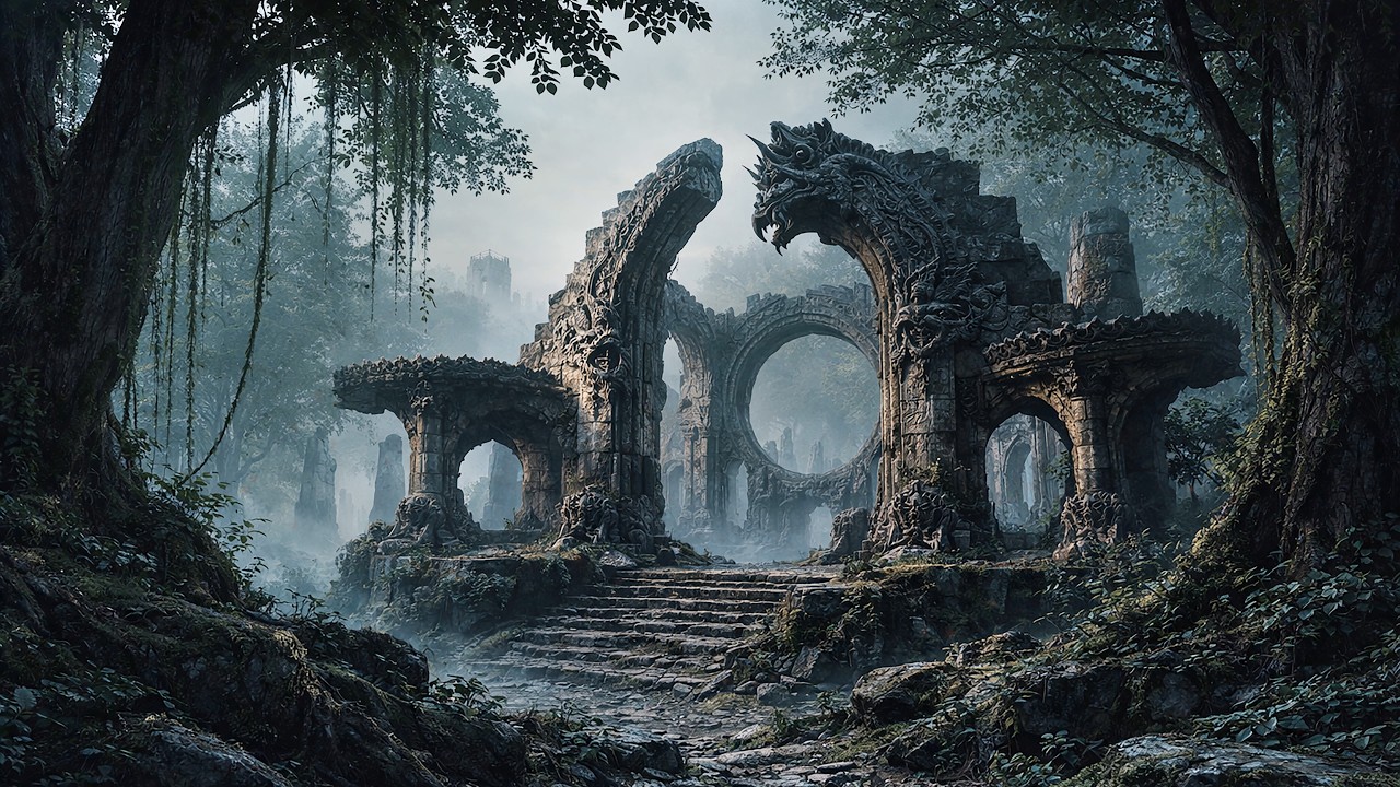 Ancient Dragon Sanctuary Ruins – 2 Hours Ambient 4K | Misty Forest Meditation