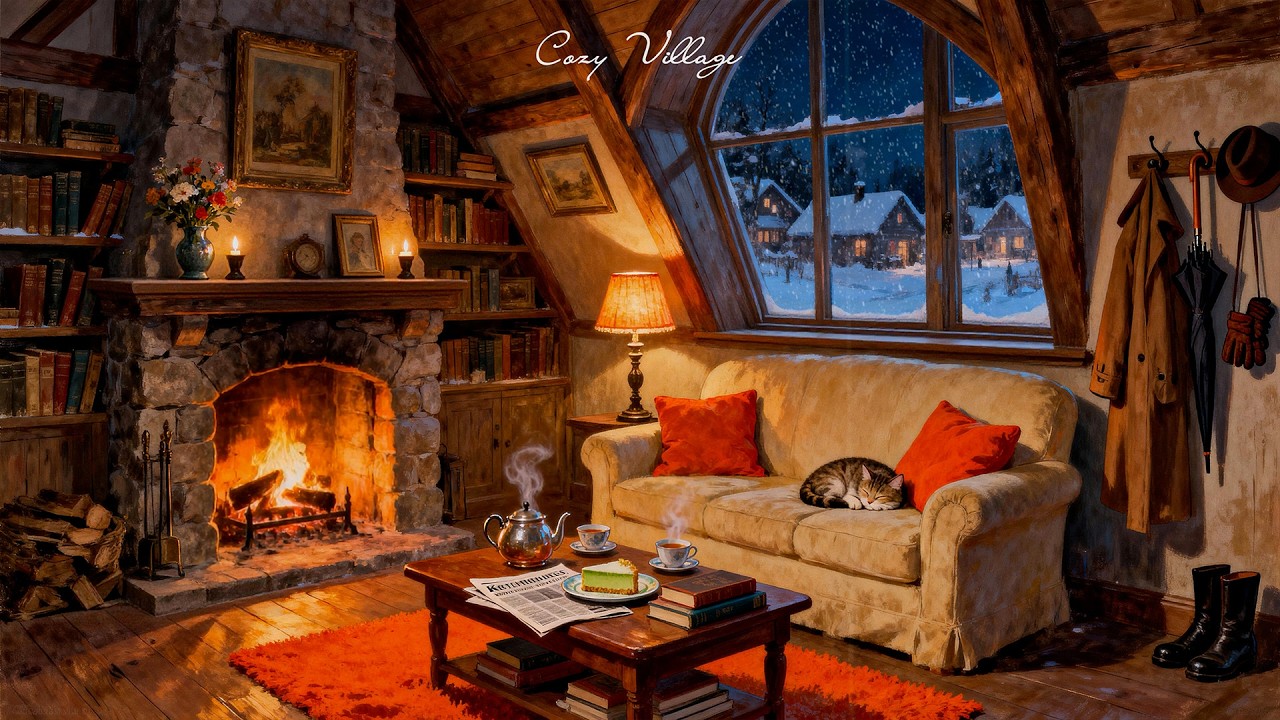 Peaceful winter snowy & cozy fireplace crackling | vintage oldies music for relax, unwind, sleep