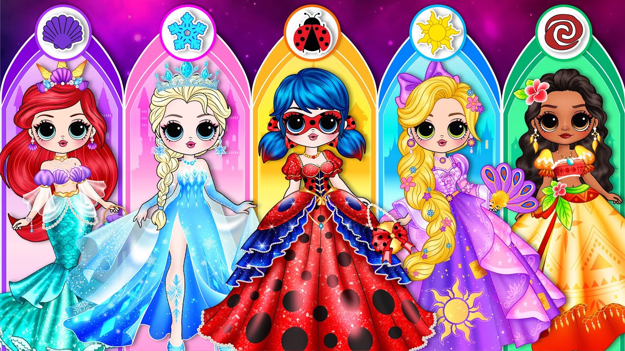 Elsa, Ariel & Ladybug Glow Up Into Princess Dress | DIY Fashion Paper Dolls