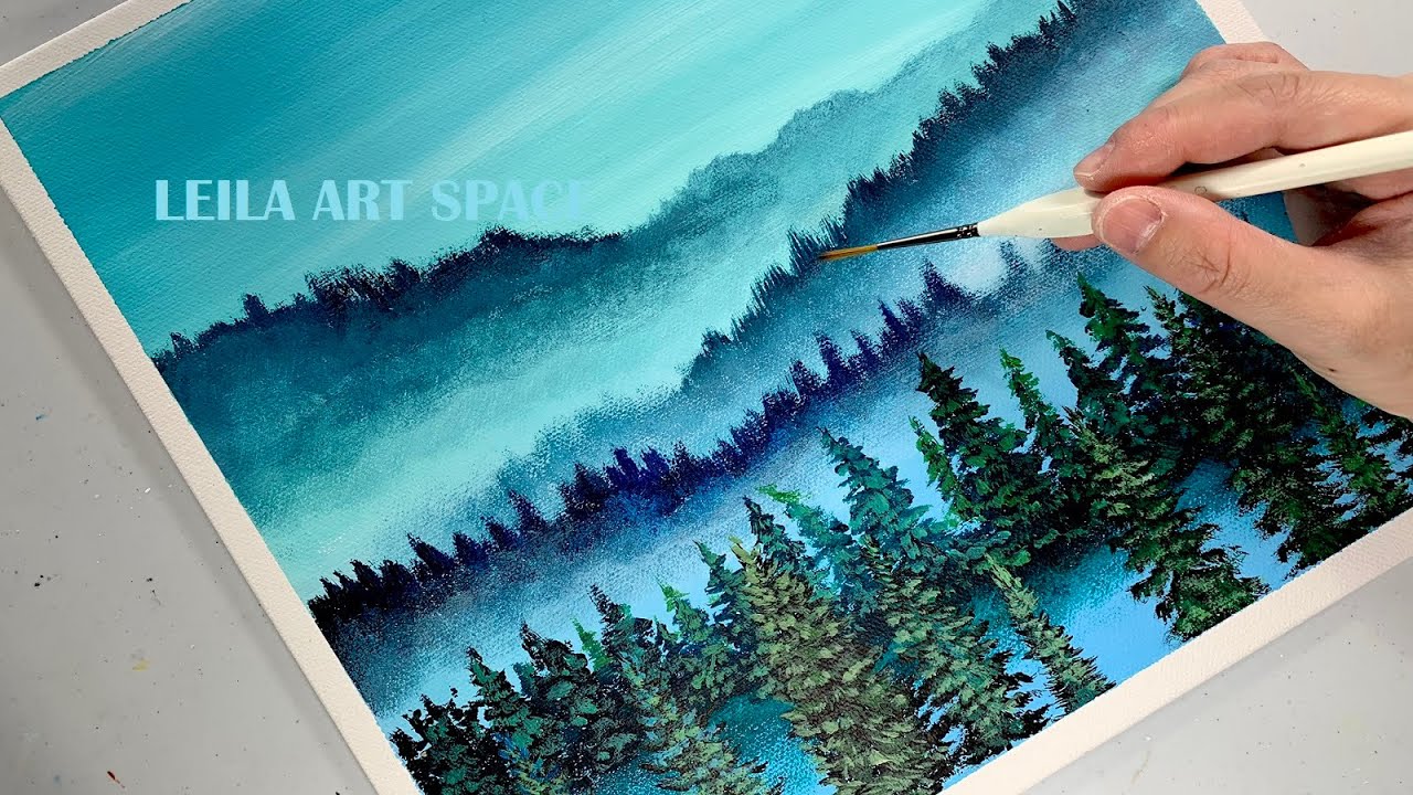 How to draw easy acrylic landscape | How to draw a misty forest