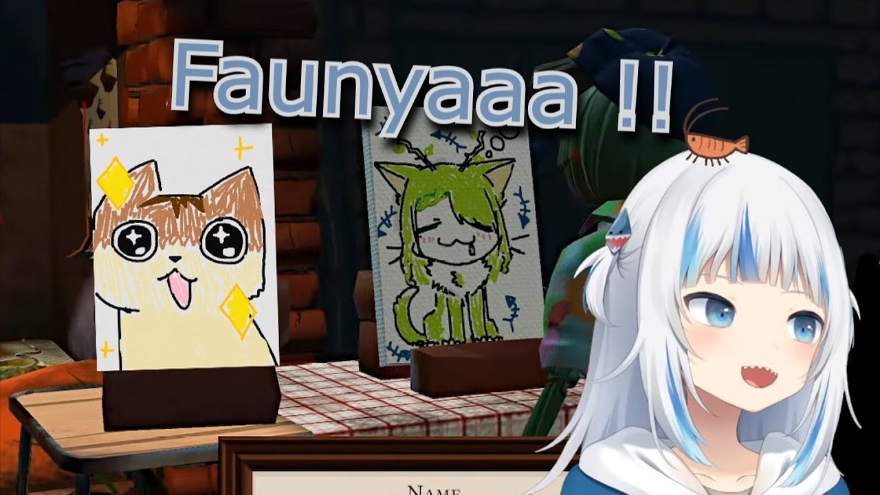 Gura cutely painting Clover and Faunya in Passpartout