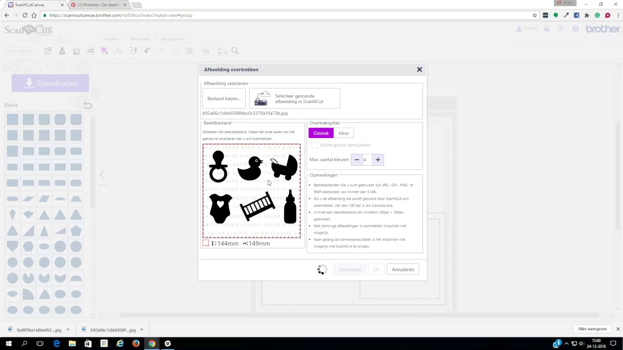 Uitleg hoe een afbeelding van Pinterest gebruikt kan worden in ScanNcut Canvas - Handleiding