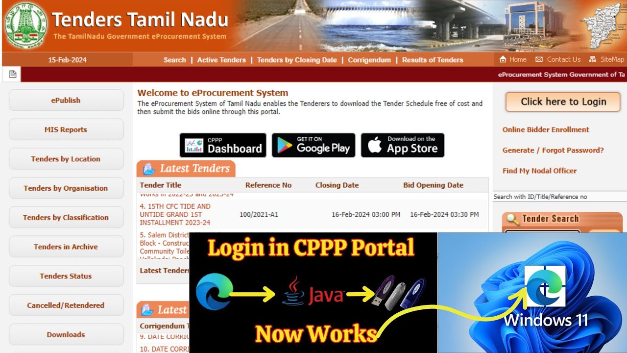 #how to login tamilnadu e-procurement in windows 11 edge browser | java configuration in #windows11