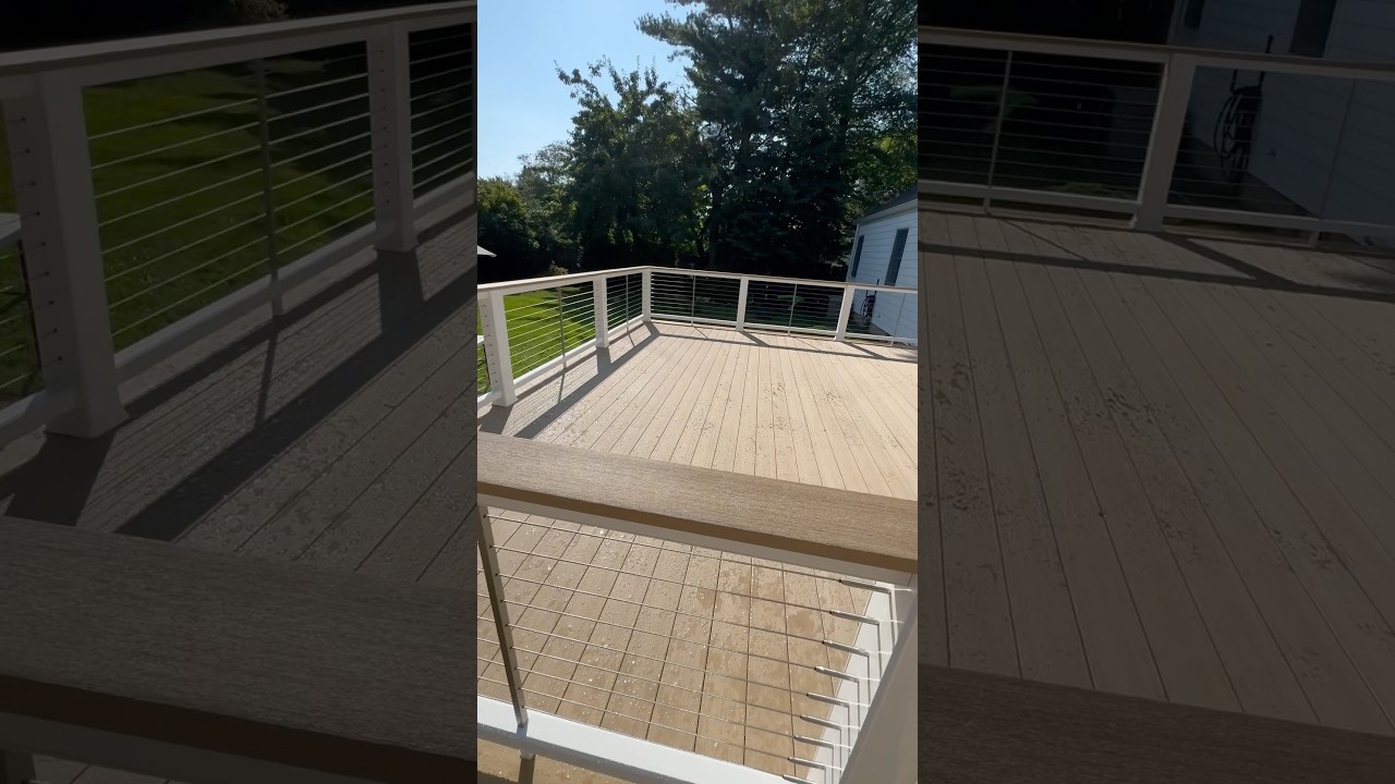 Azek Weathered Teak Deck. Timbertech Radiance Cable Railing #deck #deckbuilder #deckbuilding