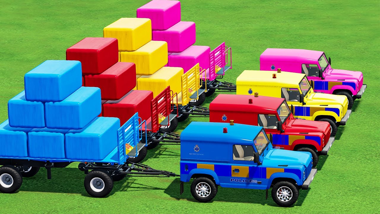 TRANSPORTING & LOAD HAY BALES with POLICE CAR TRACTOR & COLORED LOADER! Farming Simulator 22