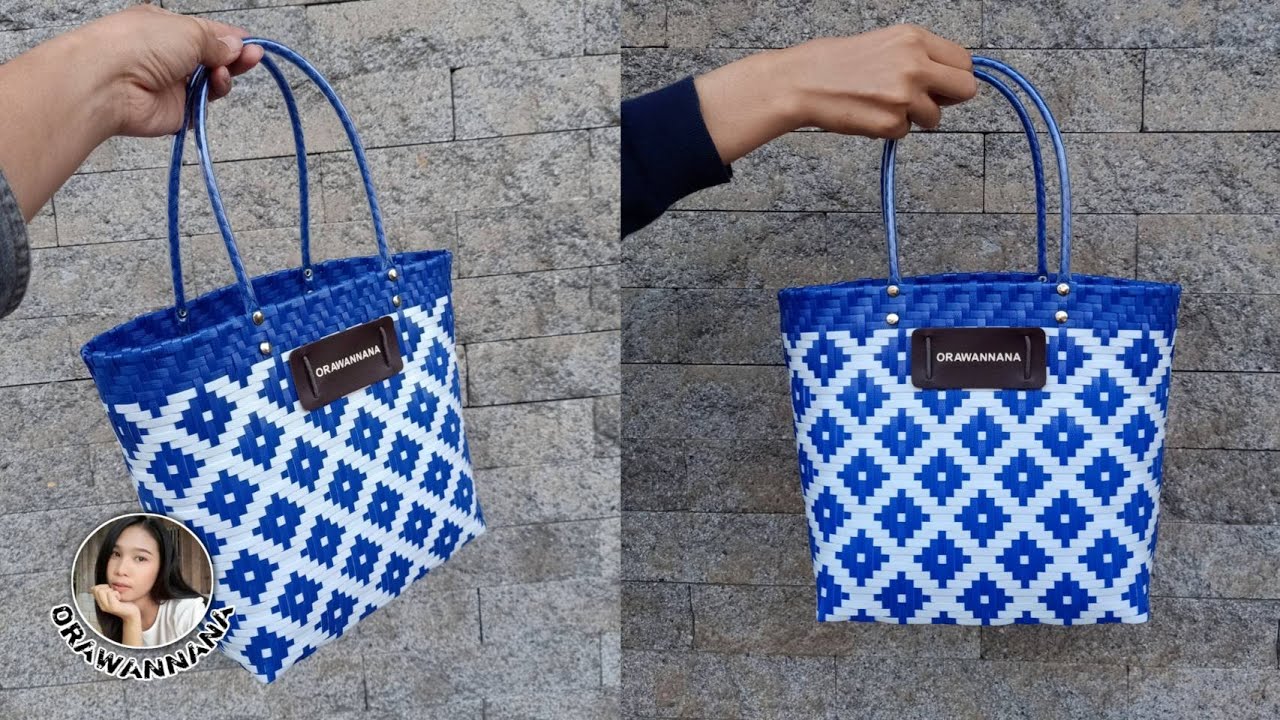กระเป๋าสานจากเส้นพลาสติก ลายไทย ขนาด 24x12.5 สูง 25 ซม. | Weave a bag from plastic line.