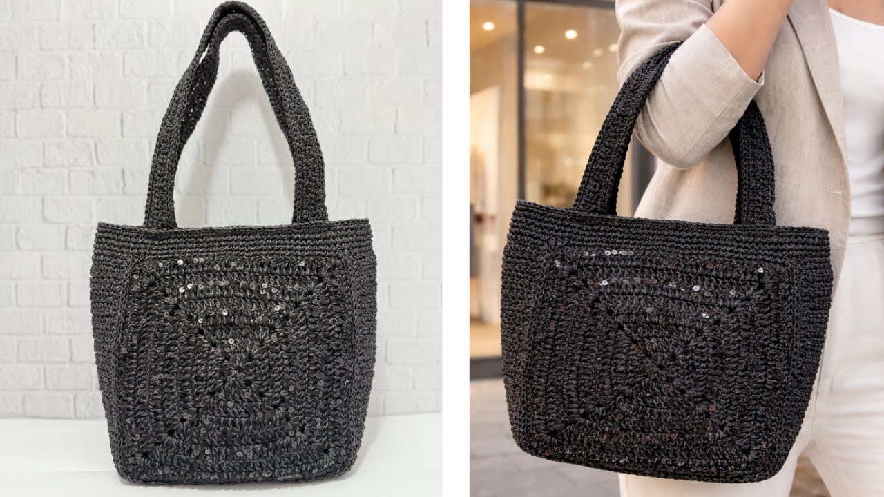 Kare motiften kâğıt ip -pullu ip ile kolay çanta | ışıltılı hasır çanta| Crochet bag  