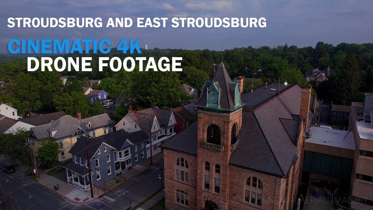 Cinematic 4K drone stock footage of Stroudsburg and East Stroudsburg, Pennsylvania in the Poconos