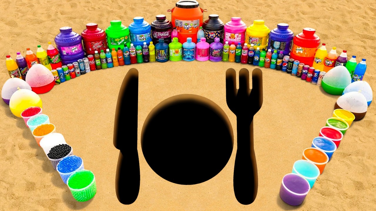 Experiment: Knives vs Plates vs Forks pit Eruption from Orbeez, Pepsi, Mtn Dew, Coca Cola and Mentos