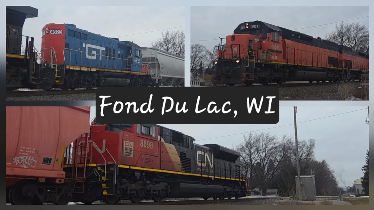 CN trains through fond du lac, WI (GTW GP9r, BLE Hill helpers, 8898 + more) 
