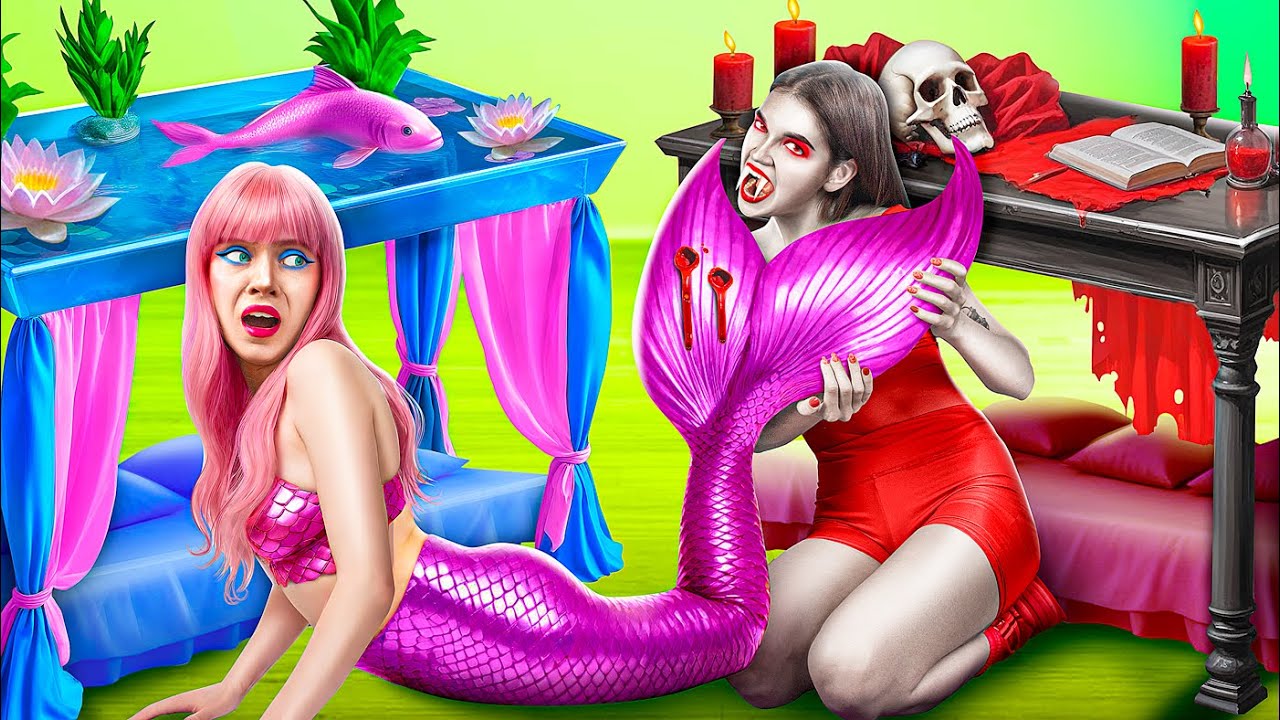 Mermaid vs Vampire in the Secret Room! Building a TINY HOUSE in a Backyard!