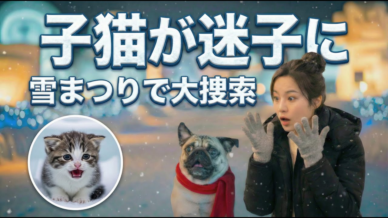 子猫が雪まつりで迷子に…パグおじちゃんの捜索