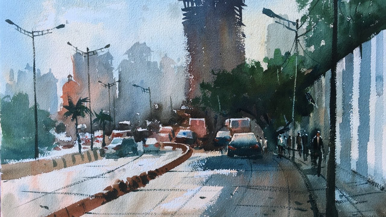 Watercolor painting of JVLR Road, Hiranandani, Powai by Prashant Sarkar.