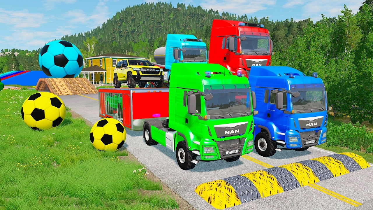 Flatbed Trailer McQueen Transportation with Truck - Speedbumps vs Cars vs Train - BeamNG.Drive #171