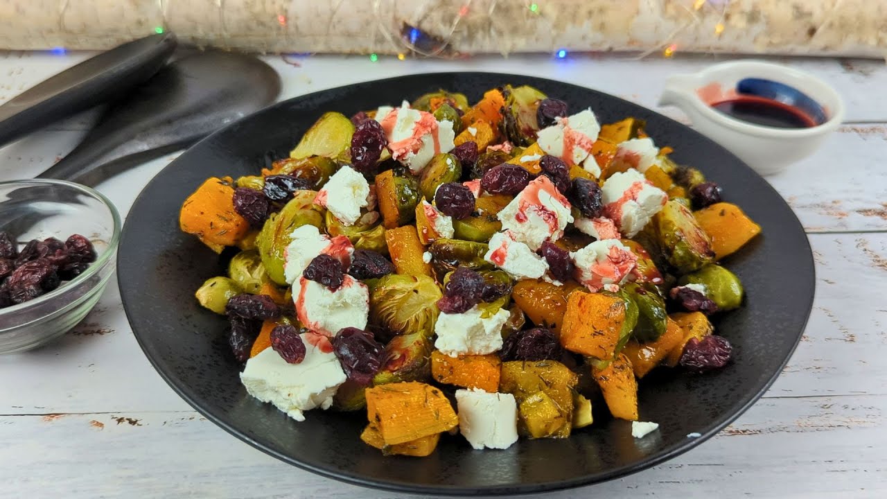 Roasted Butternut Squash and Brussels Sprouts Salad with Goat Cheese and Cranberry Glaze
