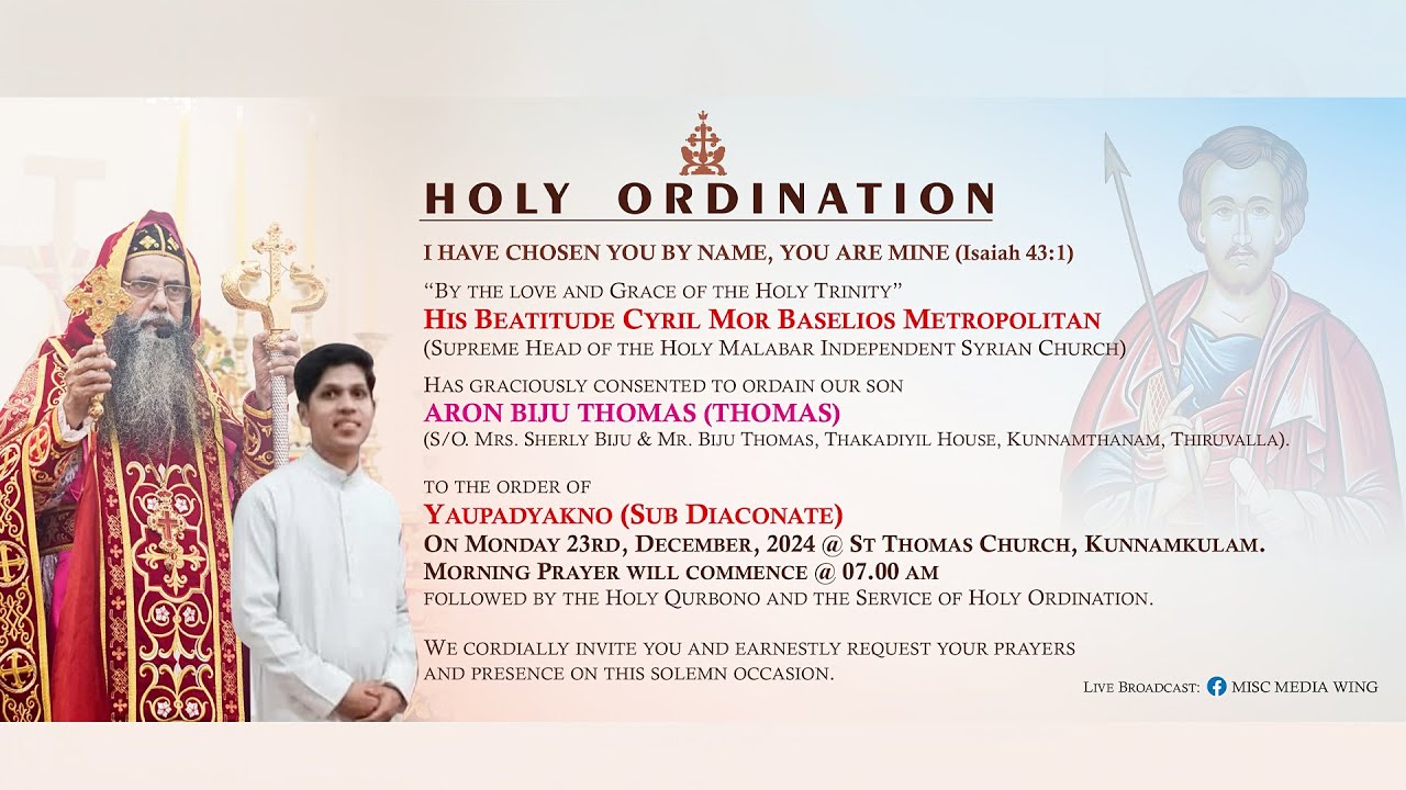 HOLY ORDINATION | ARON BIJU THOMAS (THOMAS) | THE ORDER OF YAUPADYAKNO (SUB DIACONATE) ON 23/12/2024