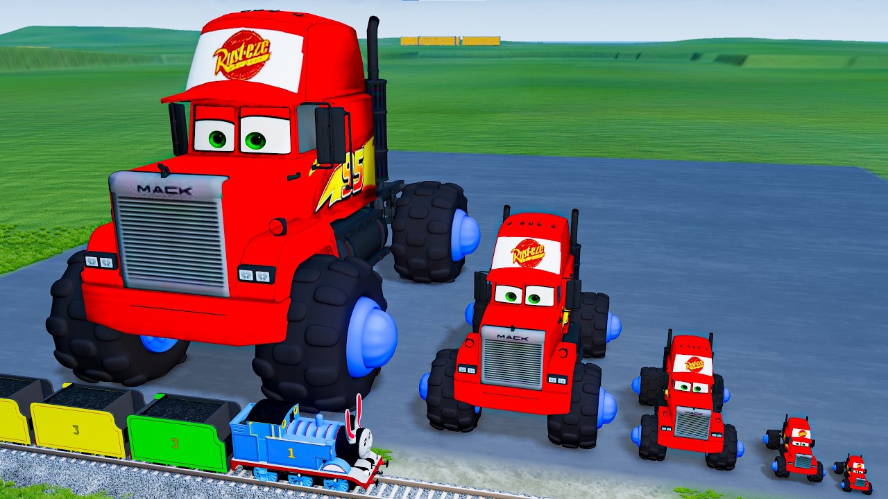 Giant EXCAVATOR TRAIN Mack Truck Eater VS Cars Lightning McQueen & Police Car - Beamng.Drive
