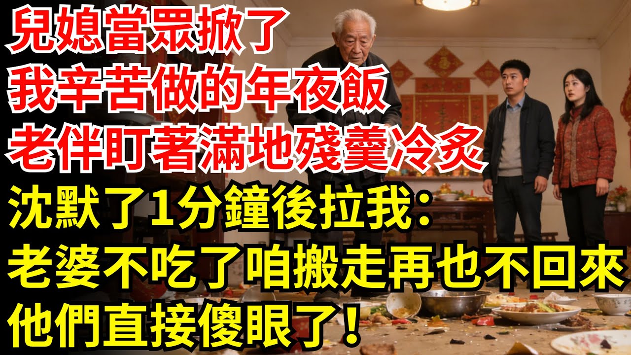 兒媳當眾掀了我辛苦做的年夜飯，老伴盯著滿地殘羹冷炙，沈默了1分鐘後拉我：老婆，這頓飯不吃了，今天咱搬走再也不回來！兒子兒媳，你們靠自己吧！他們傻眼了！#老年故事#兒媳 #情感故事 #老伴#年夜飯