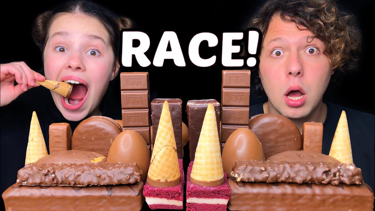 ASMR RACE! Kinder Pingui, Cake, Chocolate Candy Bars Eating Sounds Mukbang 먹방 Tati ASMR