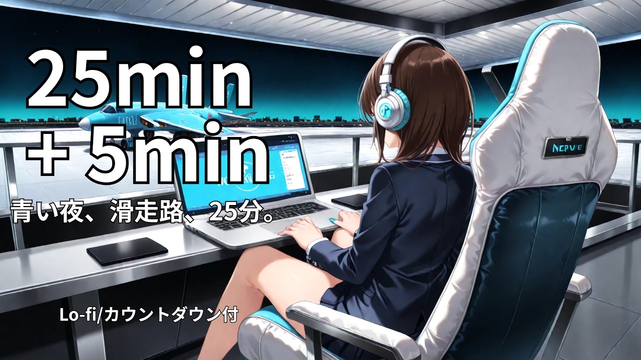 【深夜の空港】静まり返る出発ロビー。青い誘導灯と、旅の前の25分。｜ポモドーロタイマー｜勉強用BGM｜Midnight Airport ASMR