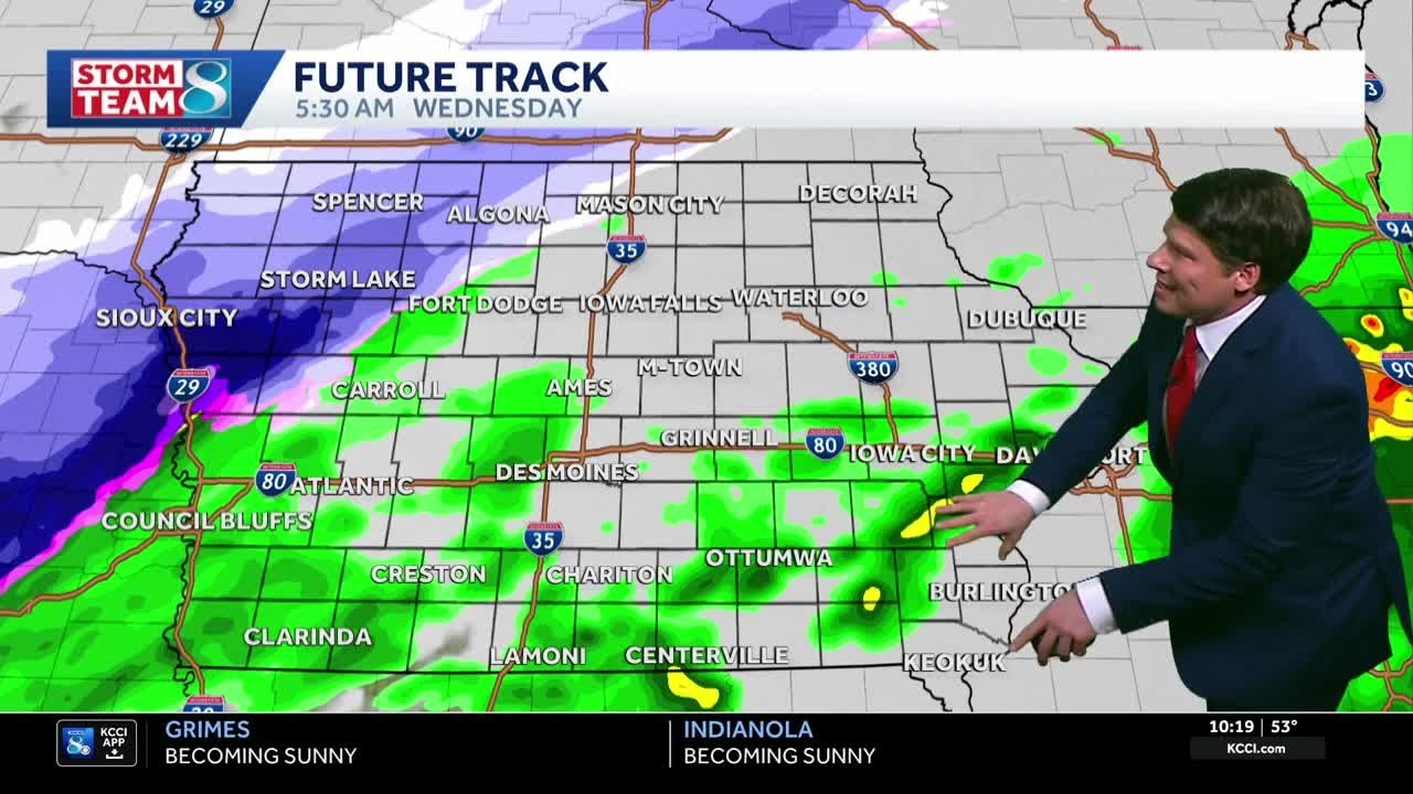 Iowa weather: Storms southeast tonight with light snow possible overnight