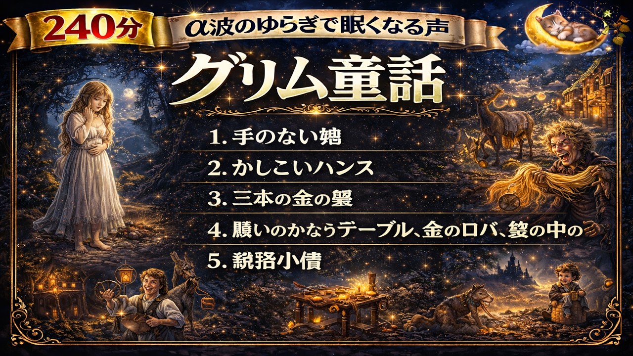【睡眠用朗読】グリム童話名作5選｜手のない娘・親指小僧ほか｜3時間（180分）・広告なし・癒やしの安眠導入