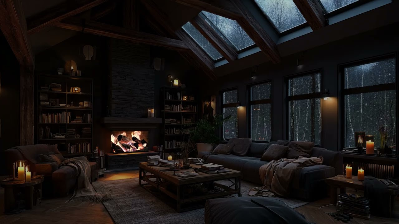 Heavy Rain on Window with Fireplace 🔥🌧 Relaxing Cozy Room for Insomnia Relief