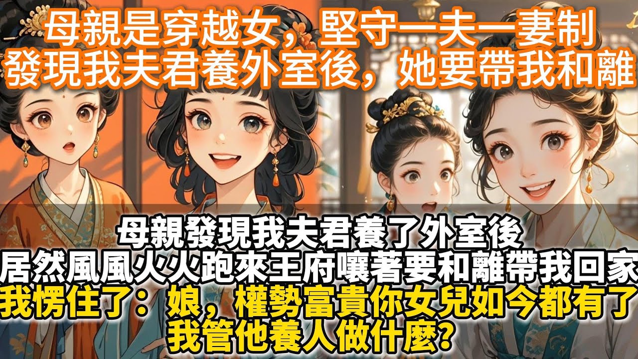 完結爽文：母親是穿越女，堅守一夫一妻制，發現我夫君養外室後，她要帶我和離。母親發現我夫君養了外室後。居然風風火火跑來王府嚷著要和離帶我回家。我愣住了。娘，權勢富貴你女兒如今都有了，我管他養人做什麼？