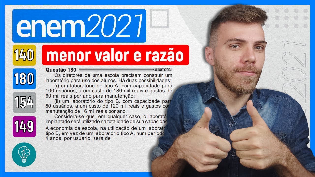 🛑180 Enem 2021 - MENOR VALOR E RAZÃO - Os diretores de uma escola precisam construir um laboratório