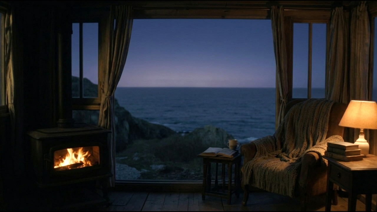Cozy Fireplace & Ocean Sounds by the Window (No Music) | New Moon Afterglow | 6 Hours