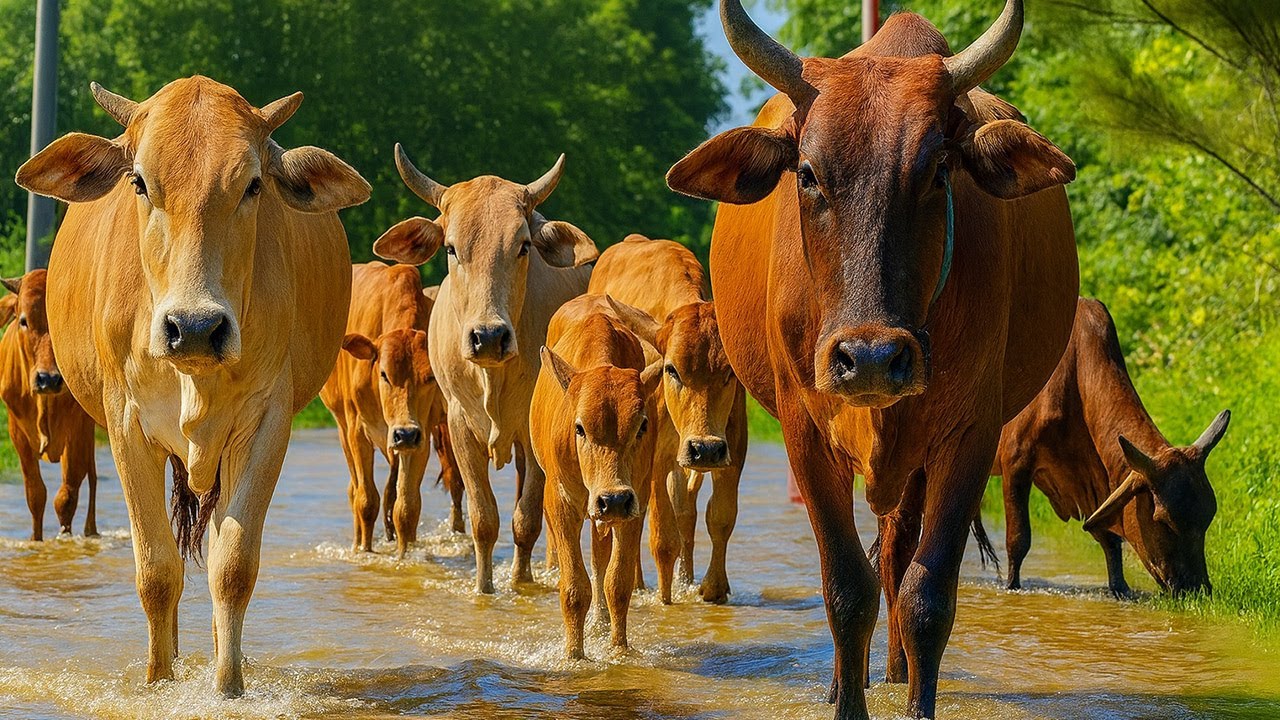 Kerumunan sapi kampung yang sedang berjalan di kubangan air Di ladang, Suara sapi Moo, Sapi lucu