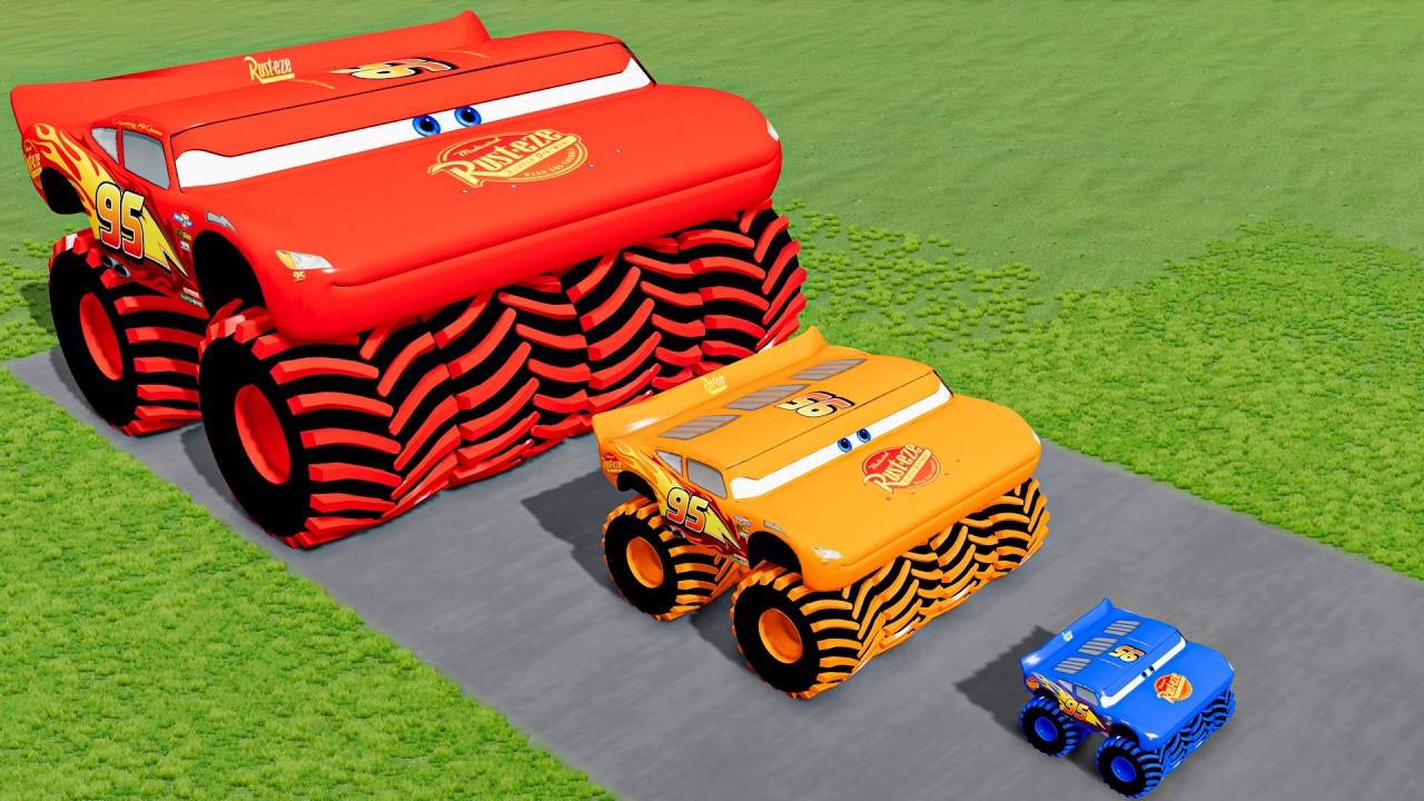 Big & Small Colors Wide Lightning Mcqueen Monster Truck vs Trains | BeamNG.Drive