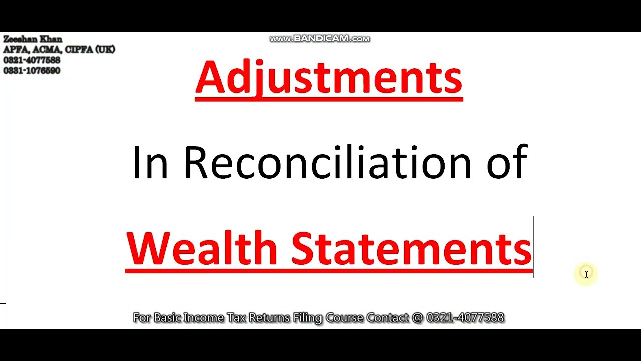 Adjustments in Wealth Statement - Reconciliation of Wealth Statement - Learn Income Tax Return - FBR