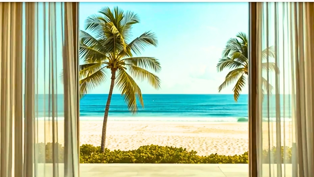 Peaceful Beach Window View in 4K | Relaxing Ocean Sounds