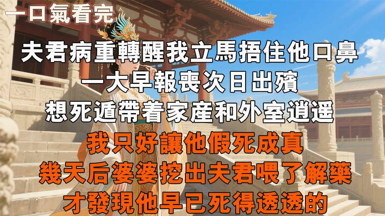 夫君病重轉醒我立刻摀住他口鼻，一大早報喪次日出殯，想死遁帶著家產和外室逍遙，我只好讓他假死成真，幾天後婆婆挖出夫君餵了解藥，才發現他早已死得透透的。#古言 #大女主 #小說