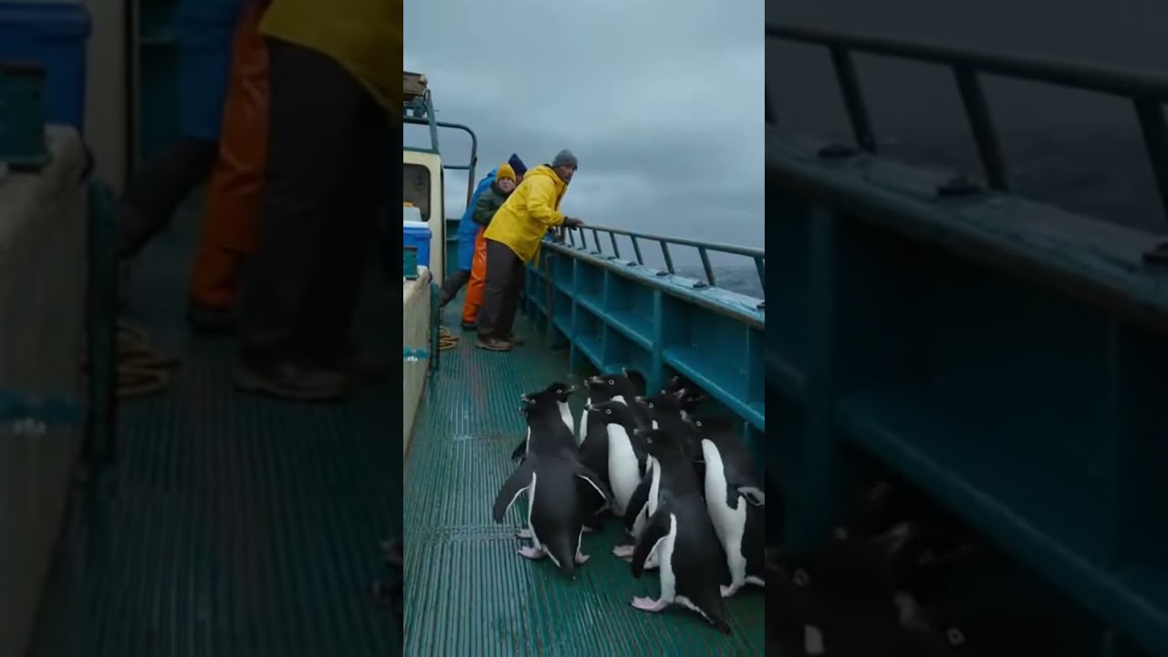 Penguins Jump On Boat Escaping Shark!