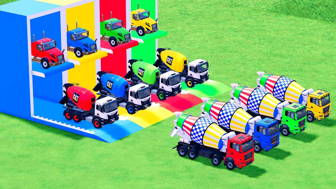 Garage with Colors - ALL MIXER TRUCK WITH DOUBLE FLATBED TRAILER TRUCK, SCANIA, MACK #87 - FS22