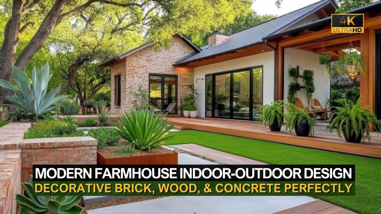 This Modern Farmhouse Indoor-Outdoor Home Design Uses Decorative Brick, Wood, & Concrete Perfectly