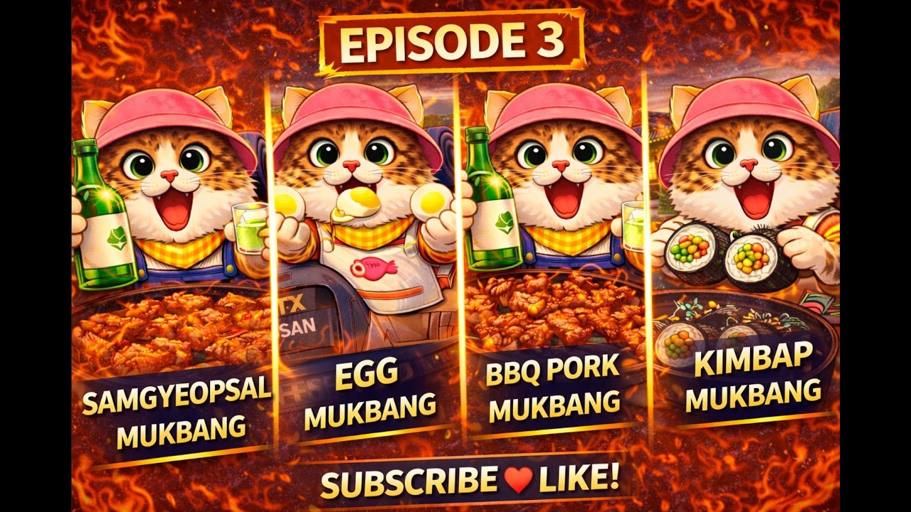 Korean Mukbang Cat EPISODE 3 🐱🔥 Samgyeopsal, BBQ, Kimbap & Egg Feast!