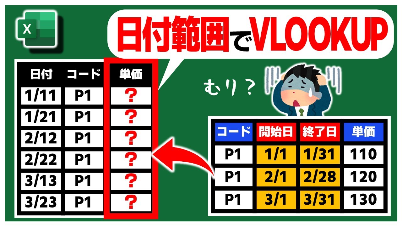 日付範囲でVLOOKUPできないなら他の関数を使えばいいじゃない【Excel】【YT0127】
