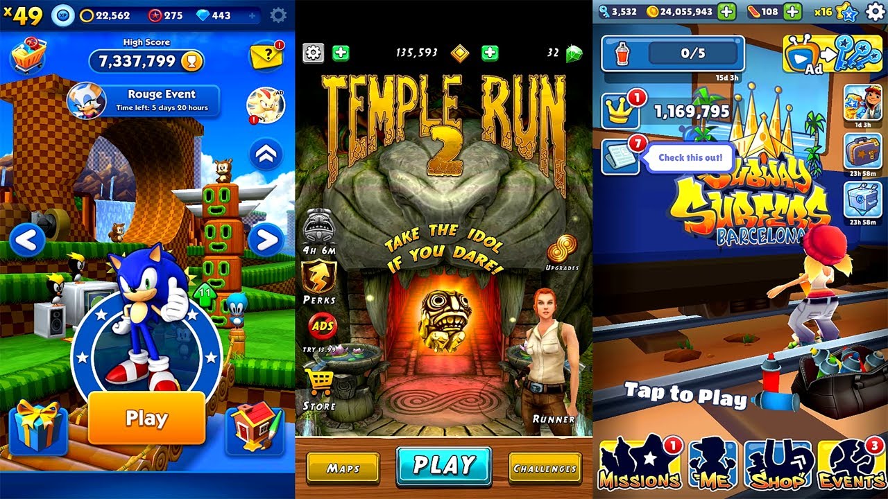 Sonic Dash VS Temple Run 2 VS Subway Surfers Gameplay (Android,iOS) - Part 1