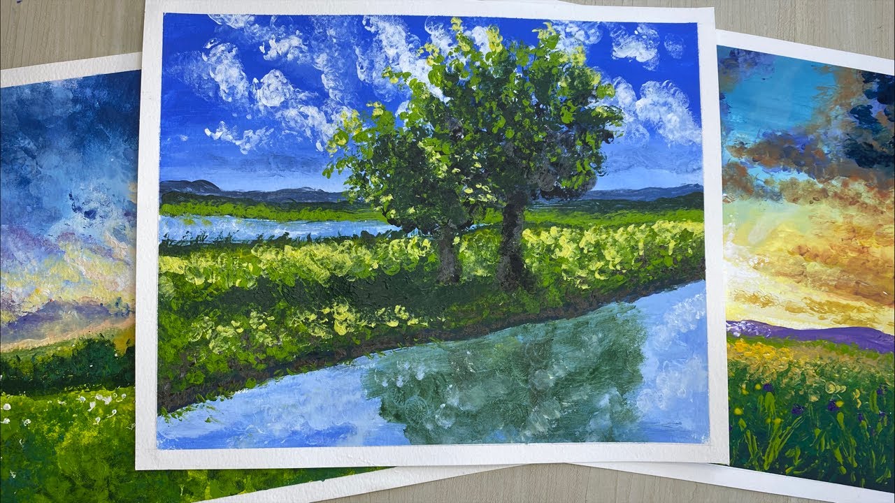 Easy Acrylic landscape finger painting